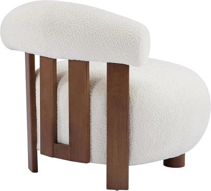 Christopher Knight Home Elvina Boucle Fabric Accent Chair, Solid Wood Single Lounge Sofa, Bedroom Comfy Reading Chair, for Modern Minimalist Style Living Room/Home Office, Milky White+Walnut