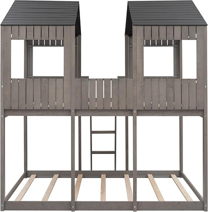 Ball & Cast Full Over Full Size Playhouse Bunk Bed with Roof and Window,Wood Bunkbed w/Full-Length Guard Rail & Ladder,Slat Support,Space Saving,Bedroom Furniture for Student Dorms,Antique Gray