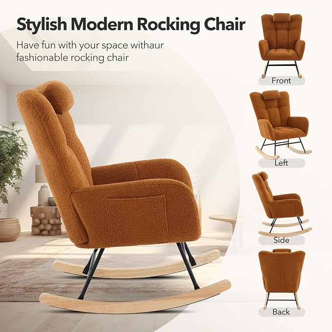 Nursery Rocking Chair,300Lb Glider Chair with Wood Legs/Two Side Pockets,Teddy Upholstered Glider Rocker with Padded Seat High Backrest for Living Room/Bedroom/Nursery