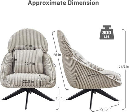 Furniliving Modern Living Room Chair, Swivel Accent Chair for Living Room Desk Chair with Arms Bedroom Chair with Headrest Sofa Chair Side Chair with Pillow Armchair,Corduroy, Grey