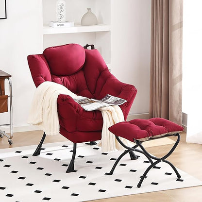Lazy Chair and Ottoman, Large Accent Lounge Chair with Armrests and a Side Pocket, Modern Leisure Upholstered Sofa Reading Armchair with Footrest for Bedroom, Living Room, Dorm Rooms, Office