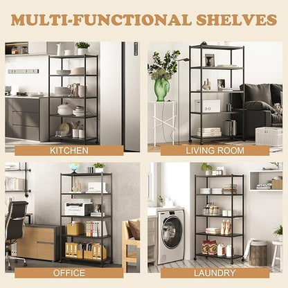 ZZL 5 Tier Large Bookshelf 31.49" Width,Tall Book Shelf Storage and Organization w/Wheels,Industrial Book Shelves for Home Office,Bedroom,School,Living Room(Black)