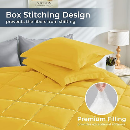 HEVUMYI King Comforter Set - 7-Piece All Season Bed in a Bag King, Ultra Soft Bedding Set with Comforter, Flat Sheet, Fitted Sheet, Pillowcases, Pillow Shams, Yellow & Light Grey