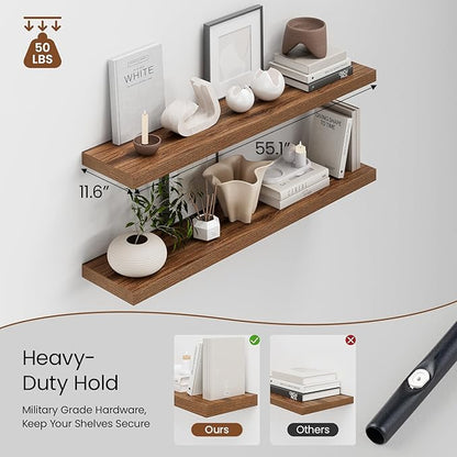 Heimlove 12 Inch Deep Floating Shelves, 55 x 12 inch Extra Long Floating Shelves for Wall, Large Display Shelf & Storage Shelf for Living Room Bedroom Kitchen Home Office, Set of 2, Walnut