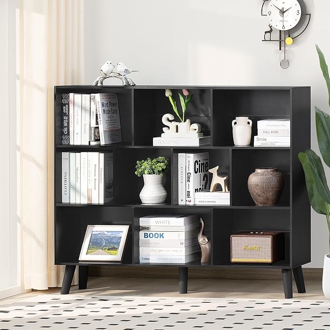YAHARBO 10 Cube Large Bookshelf,3 Tier Bookcase with Legs,Black Mid-Century Modern Bookshelves,Wide Free Standing Open Storage Organizer Shelf,Tall Wooden Book Case Furniture for Living Room,Office