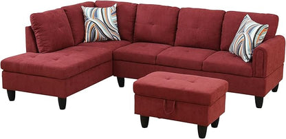 Osparple L Shaped Couch Sectional Couches for Living Room Upholstered Fluffy Fabric 3 Pieces Modular Sectional Sofa with Chaise, Ottoman with Storage for Living Room and Small Apartment, Red