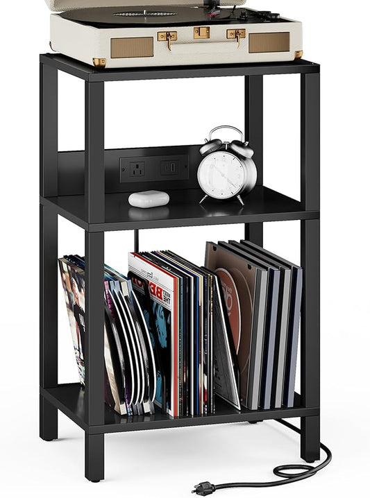 TUTOTAK Record Player Stand with Storage Up to 100 Albums，Record Storage Table,3 Tier End Table with Charging Station,Side Table for Living Room, Bedroom, Black TB01BK076