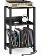 TUTOTAK Record Player Stand with Storage Up to 100 Albums，Record Storage Table,3 Tier End Table with Charging Station,Side Table for Living Room, Bedroom, Black TB01BK076