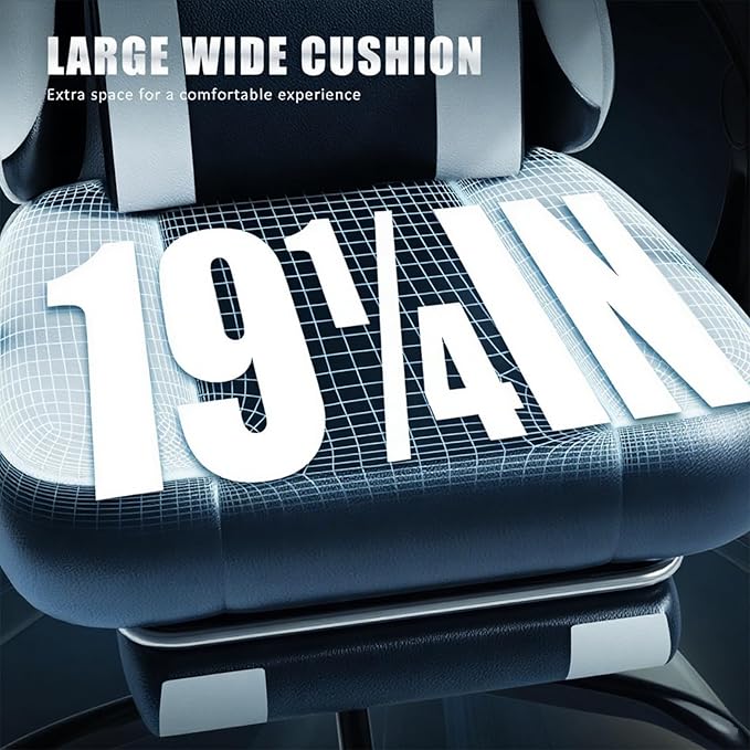 Gaming Chair for Adults and Teens, Ergonomic Leather Video Game Chairs with Footrest, Wide Seat, Reclining Back, Neck & Lumbar Support, Adjustable Swivel Computer Desk Chair, Black/White