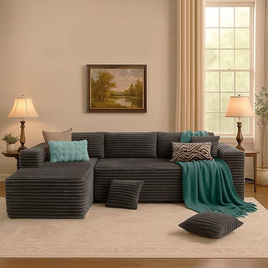 COMHOMA 105”Modular Sectional Sofa with Deep Seat,Cloud Upholstered L-Shape Couch Wide Arms Corduroy Fabric High-Density Foam Chaise Lounge for Living Room No Assembly Required
