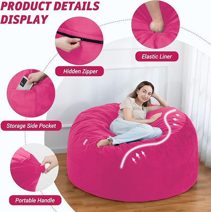 5FT Bean Bag Chair with Ultra Soft Velvet Cover Bean Bag Sofa with Memory Foam Bean Bag Chairs with Large Size Lazy Sofa for Dorm Office Living Room Bedroom Hot Pink 5'