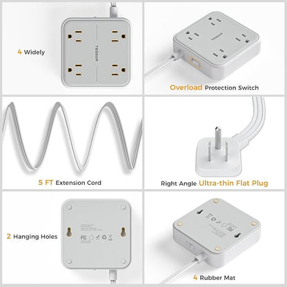 Surge Protector Power Strip, TESSAN 5 ft Extension Cord Flat Plug with 4 Widely Outlets, Indoor Desk Charging Station with Surge Protection for Home, Office Supplies, Dorm Room Essentials