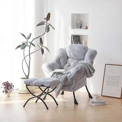 Plush Lazy Chair and Ottoman, Large Contemporary Accent Lounge Chair with Armrests and a Side Pocket, Modern Leisure Upholstered Sofa Reading Armchair with Footrest for Bedroom, Living Room