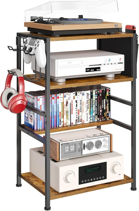 4-Tier AV Media Stand,Game Console Stand with 4 Hooks and Fabric Bags,DVD Shelf,Media Storage Cabinet,Audio Rack Record Player Stand Small Entertainment Center for Home Dorm, Apartment