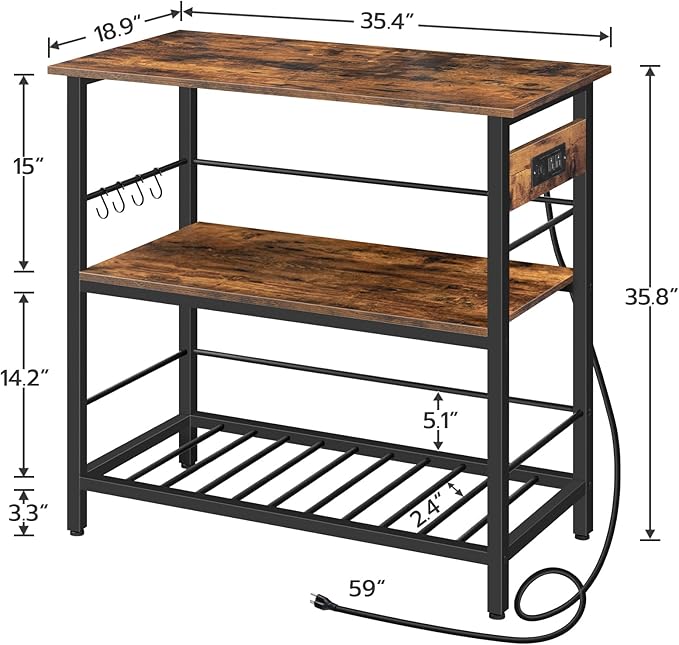 HOOBRO Kitchen Island with Storage, Kitchen Island Table with Power Outlet, 35.4" L 3 Tier Coffee Station and Microwave Stand, for Home, Dining Room, Rustic Brown and Black BF021ZD01