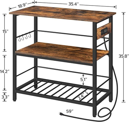 HOOBRO Kitchen Island with Storage, Kitchen Island Table with Power Outlet, 35.4" L 3 Tier Coffee Station and Microwave Stand, for Home, Dining Room, Rustic Brown and Black BF021ZD01