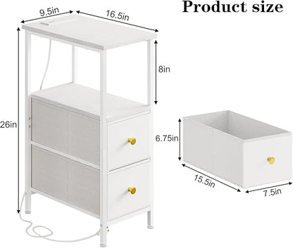 Fixwal Narrow Side Table with Charging Station and LED Light, Skinny Nightstand with 2 Fabric Drawers, Slim End Table for Bedroom, Dorm, Small Space, White