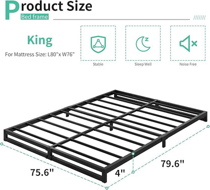 4 Inch King Size Bed Frame Sturdy Mattress Foundation, Heavy Duty Metal Platform with Steel Slats Support No Box Spring Needed, Noise Free, Easy Assembly, Black