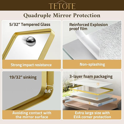 TETOTE Gold Mirror Bathroom 24 x 36 Brushed Gold Metal Framed Vanity Mirror, Tempered Glass, Modern Farmhouse Wall Mounted Mirrors for Decorative(Horizontal/Vertical)