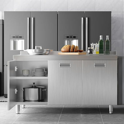 ZZV 59 inch Stainless Steel Prep Table with Storage Stainless Steel Cabinet for Prep & Work Commercial Worktable with Cabinet and 3 Doors for Kitchen, Restaurant, Hotel, Garage, Warehouse, Outdoor