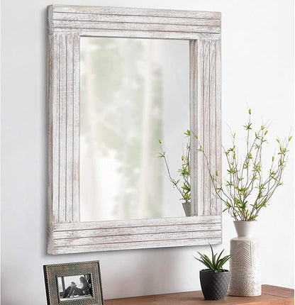 Wall Mirror Rustic Wooden Frame Rectangle Mirror Vintage Hanging Mirror for Bedroom Bathroom Living Room Farmhouse Wall Decor Large 26" x 18"