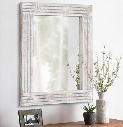 Mirrors for Wall Rustic Wooden Frame Rectangle Mirror Vintage Hanging Mirror for Bedroom Bathroom Living Room Farmhouse Wall Decor White Large 20" x 16 "