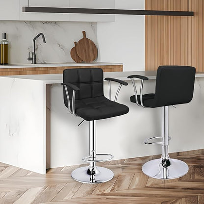 Bar Stools Set of 2,Armrest Adjustable Swivel Barstools with Back,Double Needle PU Leather Counter Height Bar Stools for Kitchen Island, Black