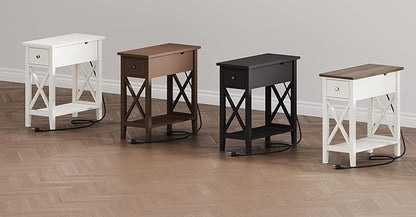 ChooChoo End Table with Charging Station, Narrow Side Table with USB Ports and Outlets, Nightstand with Drawer, for Small Spaces, Bedside Tables for Living Room White
