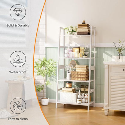 HITNET Ladder Shelf, 4 Tier Bookshelf, Floor Standing Bathroom Storage Rack with Bamboo Frame, Home Office Open Display Bookcase, White
