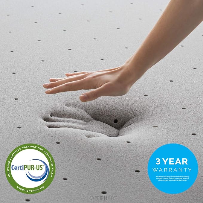 Lucid 4 Inch Bamboo Infused Memory Foam Mattress Topper - King Size – Cooling Ventilation – Pressure Relieving Bed Topper - Mattress Pad – CertiPur Certified