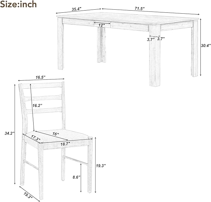 7-Piece Wooden Dining Set with Mutifunctional Extendable Table 12" Leaf and 2 Drawers,Rubber Wood Structure W/ 6 Soft Cushion Chairs,for Dining Room,Natural Wood Wash