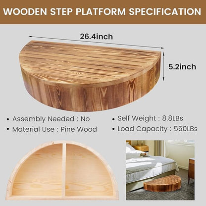 Solid Wooden One Step Stool, 5.2" High Semicircular Wood Bed Step for Elderly Adults Kids Safety to Get in & Out of High Bed, Kitchen, Bathroom(26.4" L, 550LBs Capacity)