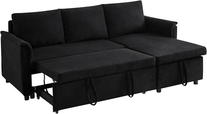Ball & Cast L-Shape Reversible Sectional Sleeper Sofa Bed 4 in 1 Pull Out Couch with Storage Chaise&Removable Backrest,Convertible Sleeper Corner Couch Pull-Out Sofa Bed for Living Room,Corduroy,Black