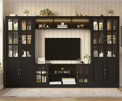 4-Piece Wall Unit TV Stand with Storage & LED Lights for TVs up to 75", Modern Entertainment Center with Bookshelves & 4-Door Pantry Cabinet, Black