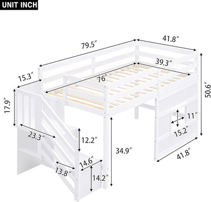 Twin Size Loft Bed with Storage Staircase and Window,Wood Twin Loft Bunk Bedframe with Full-Length Guardrail and Sturdy Slat Support, No Noise,No Box Spring Needed,for Kids,Boys,Girls,White