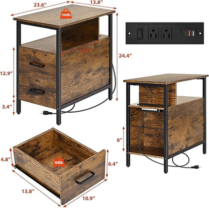 Side Tables with Charging Station, Narrow End Table with 2 Wooden Drawers, USB Ports and Power Outlets, Narrow Nightstand and Bedside Table, Side Tables Living Room, Bedroom, Brown