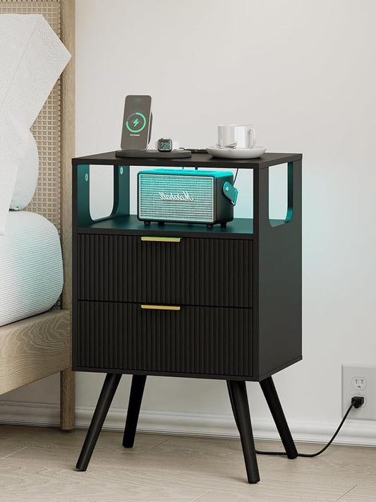 Nightstand, Modern Bedside Table with 2 Storage Drawer and Open Wood Shelf for Bedroom and Small Spaces, Night Stand with Solid Wood Legs (Black-Outlet)