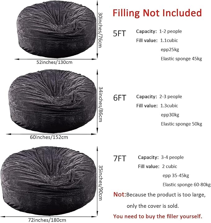 Giant Fur Bean Bag Chair Cover for Kids Adults, (No Filler) Living Room Furniture Big Round Soft Fluffy Faux Fur Beanbag Lazy Sofa Bed Cover (Snow Grey, 5FT)