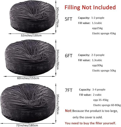 Giant Fur Bean Bag Chair Cover for Kids Adults, (No Filler) Living Room Furniture Big Round Soft Fluffy Faux Fur Beanbag Lazy Sofa Bed Cover (Black, 6FT)