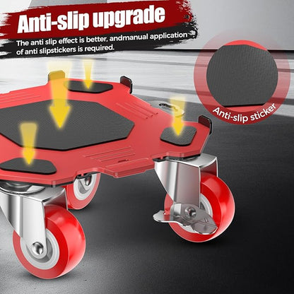Upgraded Furniture Dolly Movers 5 Wheel Heavy Duty 3000LBS Capacity Carbon Steel Panel 360° Rotating Casters Furniture Slider for Sofa Refrigerator Piano (Red, 6in)