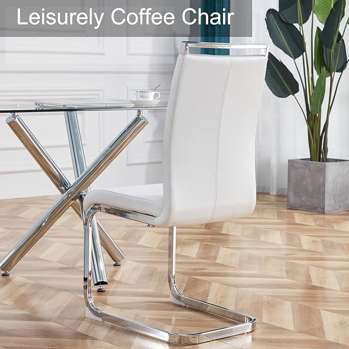 Dining Chairs Set, Kitchen Modern Metal Chairs with Faux Leather Padded Seat High Back and Sturdy Chrome Legs, Chairs for Dining Room (White-1, Set of 4)
