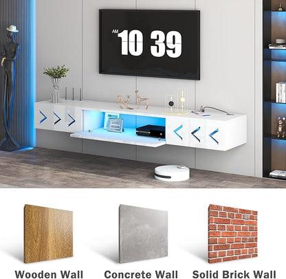 Floating TV Stand, 71" Floating Entertainment Center Wall Mounted,Floating Wall Mounted TV Shelf with Led Lights and Power Outlet,Modern High Gloss tv Cabinet Media Console with Storage