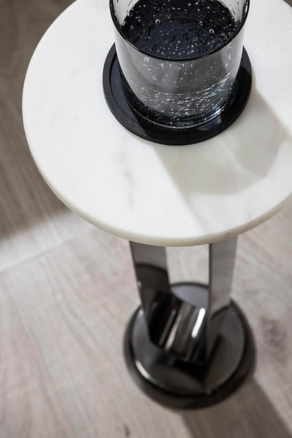 Kate and Laurel Helio Modern Round Drink Table, 8 x 8 x 24, White and Gray Gunmetal, Natural Marble Cocktail Table for Small Spaces and Use as Small Plant Stand or Nightstand