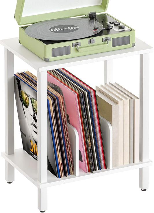 HOOBRO Record Player Stand, 2-Tier End Table, Vinyl Record Turntable Stand with Storage up to 100 Albums, Small Side Table for Living Room, Bedroom, White, WT05RS01