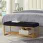 24KF Black Velvet Upholstered End of Bed Bench with Metal Shelf, Modern Tufted Channel Entryway Bench Footboard Bench for Living Room, Bedroom, Gold Bench,5036-Black