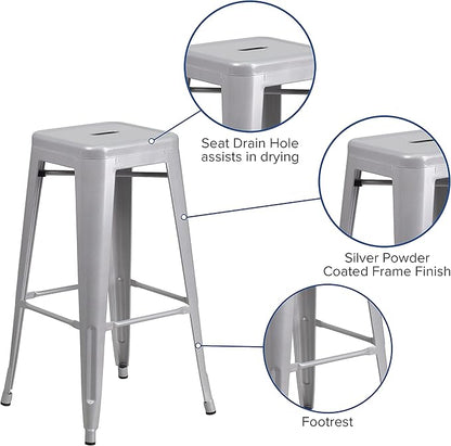 Flash Furniture Lily 4 Pack Commercial Grade 30" High Backless Silver Metal Indoor-Outdoor Barstool with Square Seat
