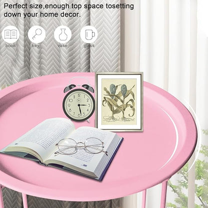 Garden 4 you End Table Set of 2, Outdoor Side Table, Small Patio Table Metal Side Table, Round Folding Side Table, for Outdoor and Living Room,Pink