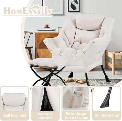 Lazy Chair with Ottoman, Large Modern Lounge Accent Chair with Armrests and Footrest, Reading Armchair with Ottoman, Leisure Sofa Chair for Living Room, Bedroom, Dorm Room, Office（Beige）