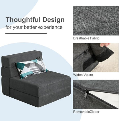 ANONER Fold Out Chair Bed Memory Foam with Pillow Futon Couch Folding Sleeper Chairs, Convertible Chair Bed Dark Gray, Single Size