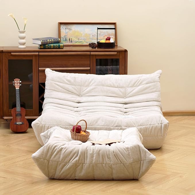 N&V Fireside Chair, Mid Century Armless Floor Sofa, Soft Premium Chenille Floor Lounge Chair, Foam Sofa Accent Chair for Living Room Bedroom and Office (White, Ottoman)